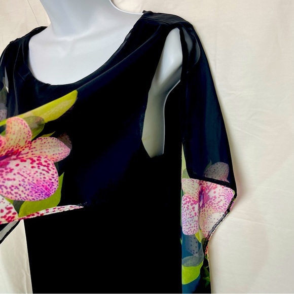 Venus Black Sheath‎ Dress with Large Pink Orchids Sheer Fabric Sleeveless Medium - Picture 6 of 12